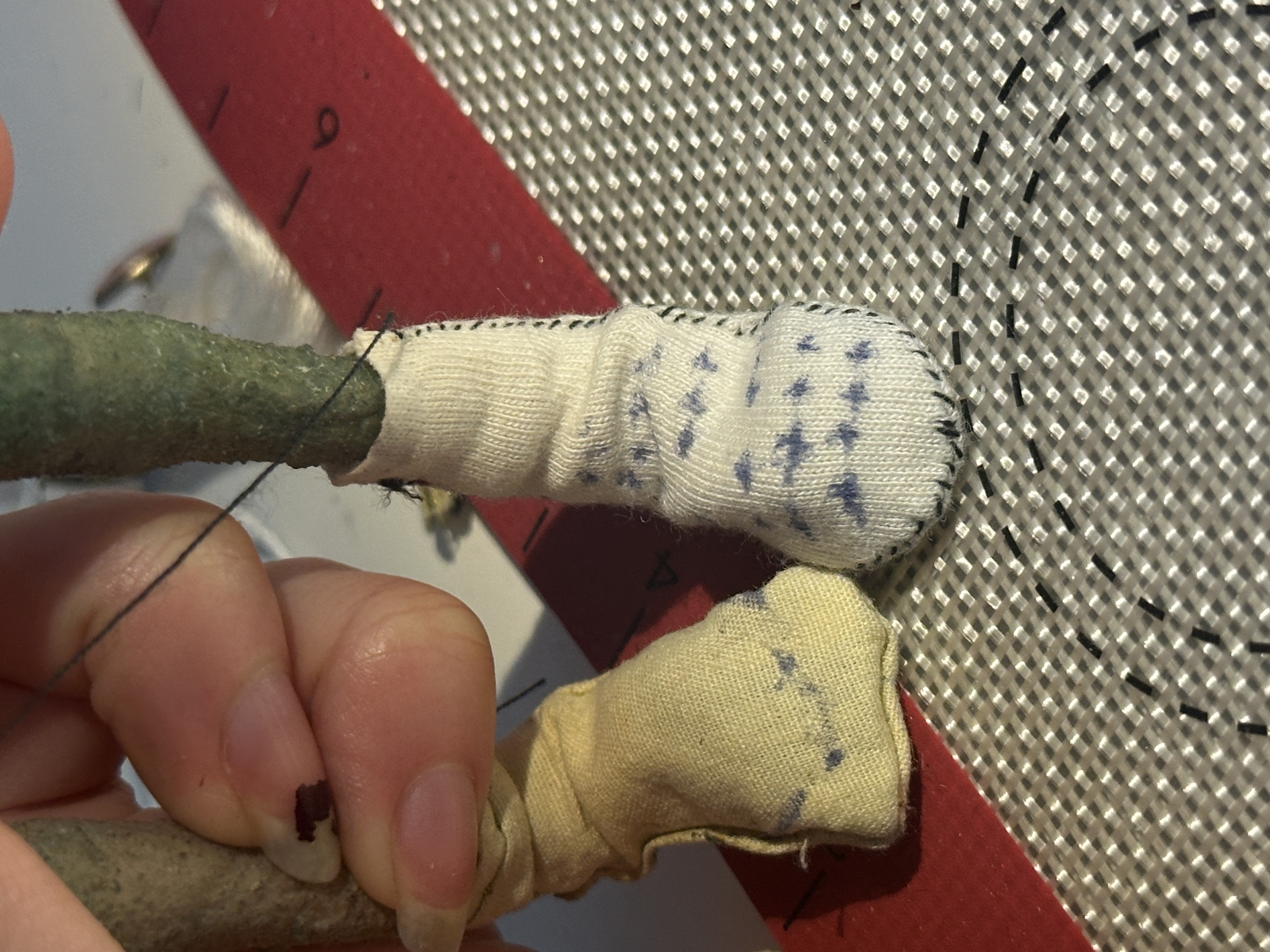 Sock fitted to puppet leg
